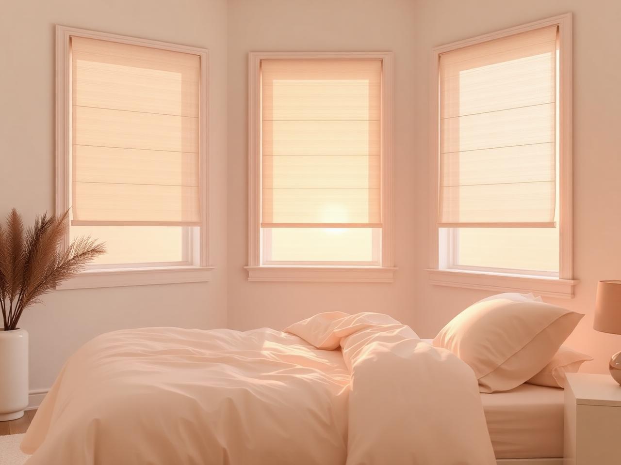 Motorized shades in a bright bedroom
