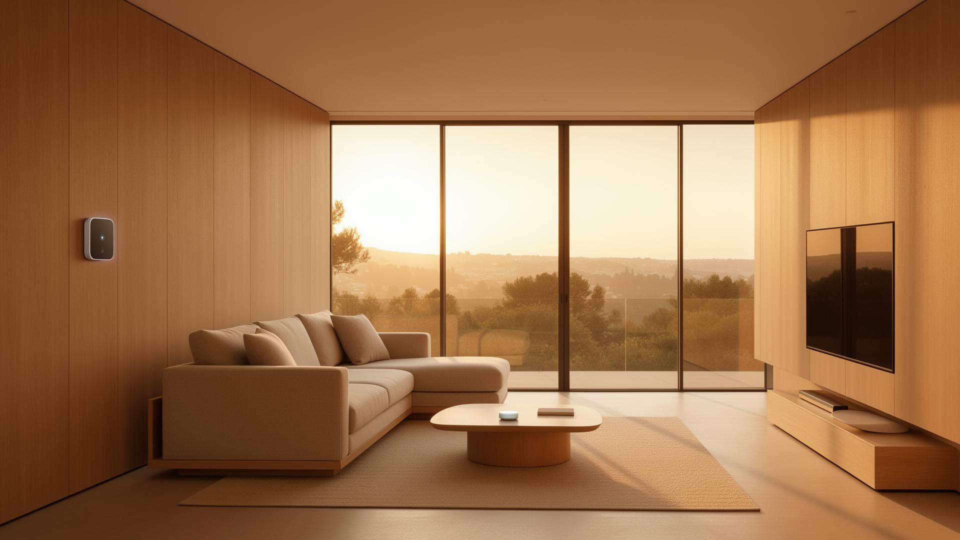 Modern smart home living room at dusk