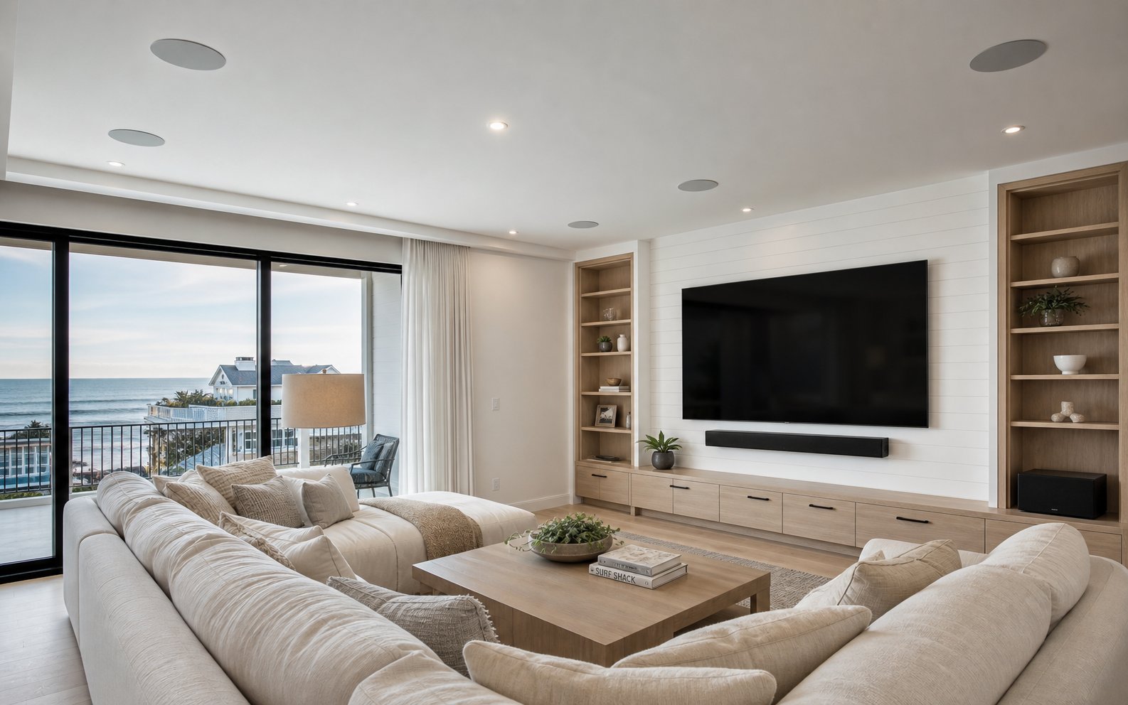 Whole home audio speakers integrated into a modern room